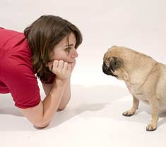 Lady talking to her Pug